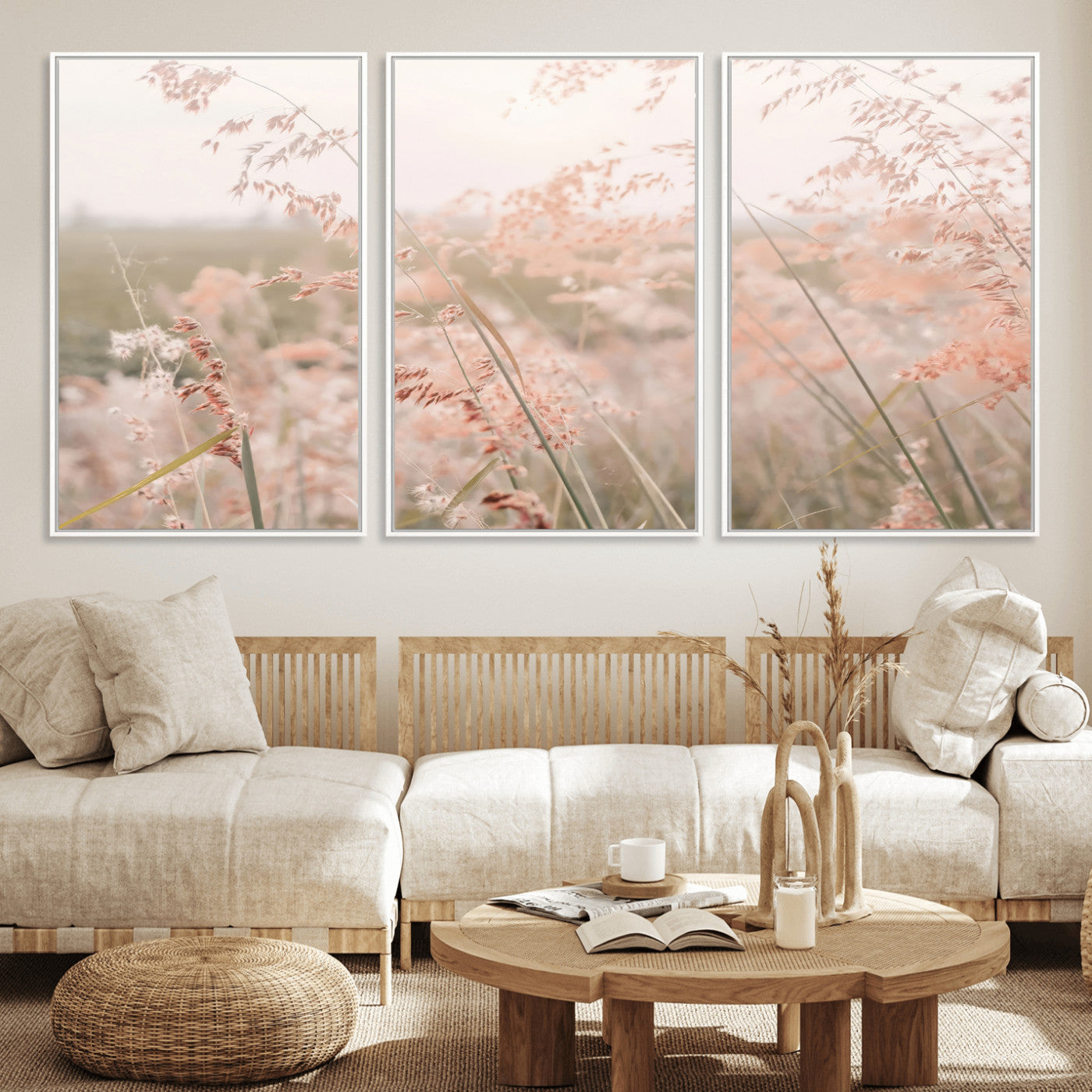 Soft pastel field with wild grasses in warm light, ideal for minimal nature or airy countryside-inspired interior wall decoration.