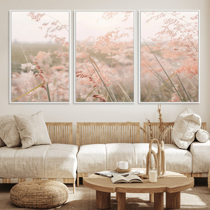Soft pastel field with wild grasses in warm light, ideal for minimal nature or airy countryside-inspired interior wall decoration.