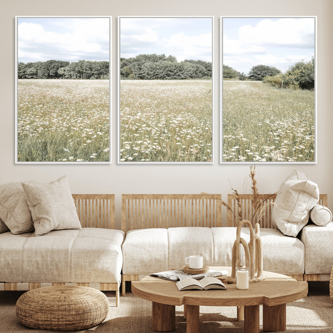 Soft-toned image of a wild daisy field under a cloudy sky, ideal for neutral or Scandinavian-inspired home decor.