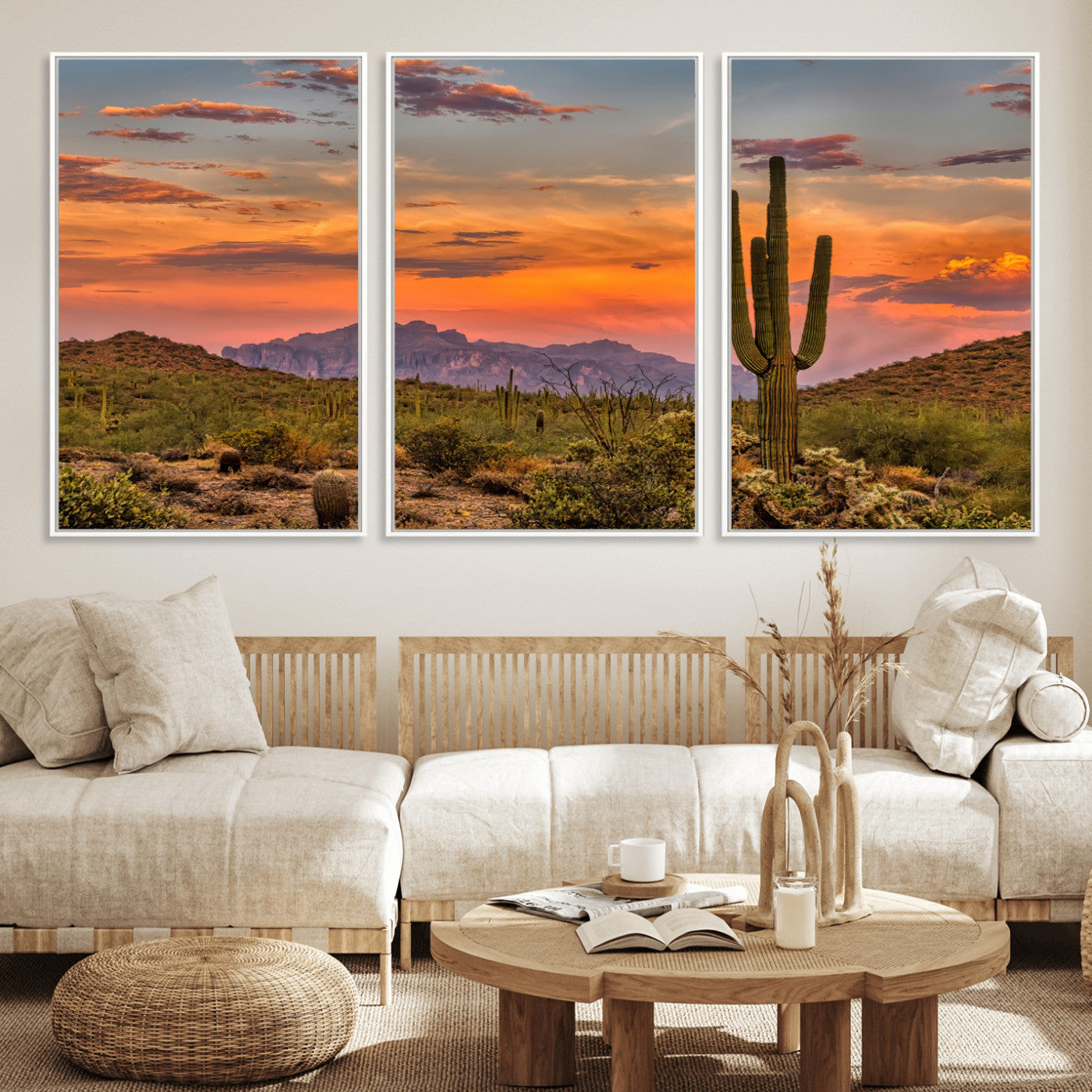 Vibrant desert sunset with saguaro cacti and distant mountains, perfect for Southwestern or warm-toned home decor.