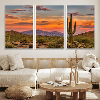 Vibrant desert sunset with saguaro cacti and distant mountains, perfect for Southwestern or warm-toned home decor.