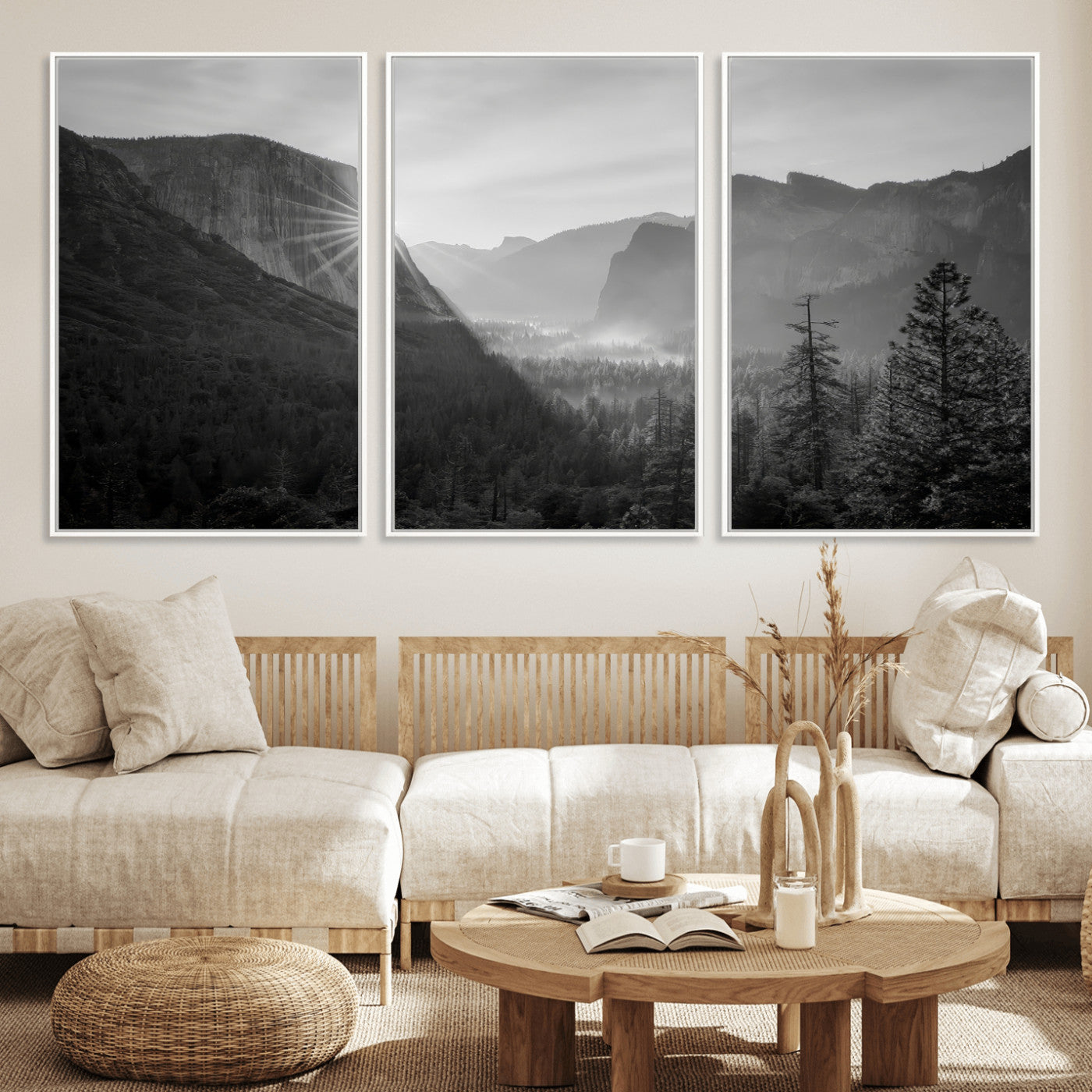 Black and white landscape of Yosemite with sun rays peeking over El Capitan, ideal for moody nature or modern rustic decor.