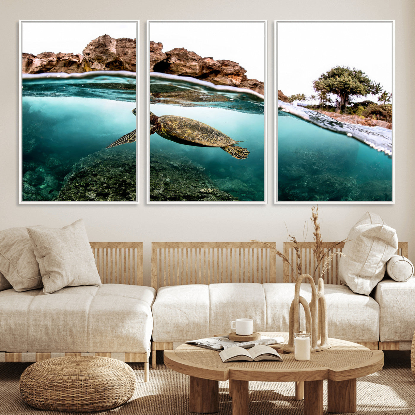 Dynamic split-view photo of a sea turtle swimming near rocky shores, perfect for vibrant coastal or tropical beach home decor.