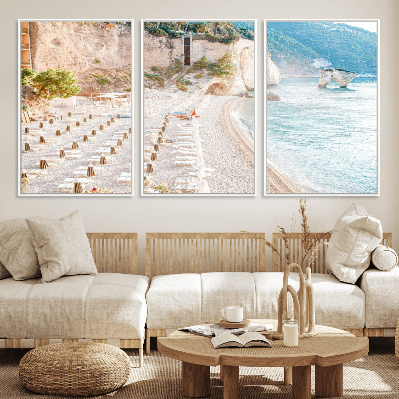 Wall art of a calm Mediterranean beach with rows of sun loungers and umbrellas in soft pastel tones, perfect for light coastal or vacation-themed decor.