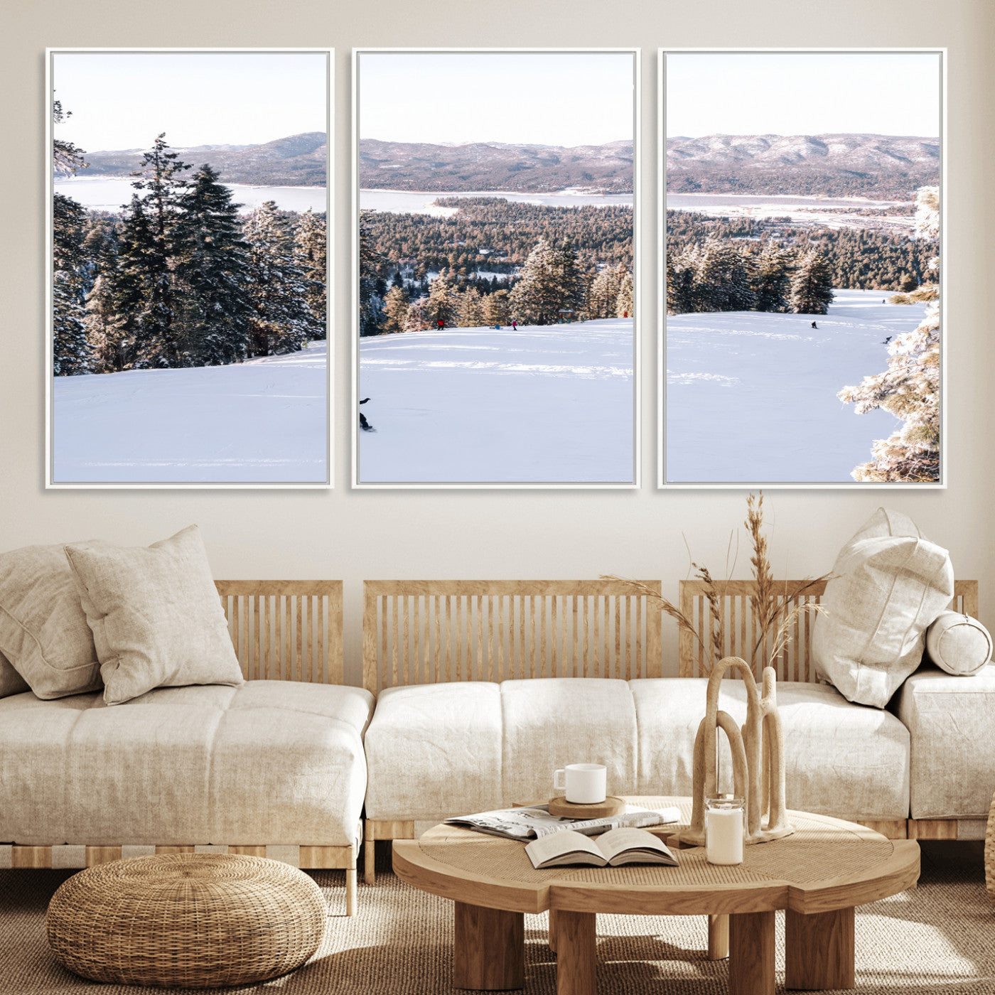 Canvas of a snowy mountain ski slope with pine trees and bright winter light, ideal for modern rustic or alpine-inspired home decor.