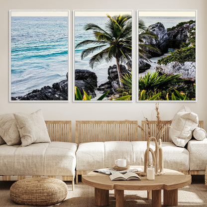 Framed canvas of a vibrant tropical coastline with palm trees, rocky cliffs, and turquoise waters, ideal for tropical coastal home decor.