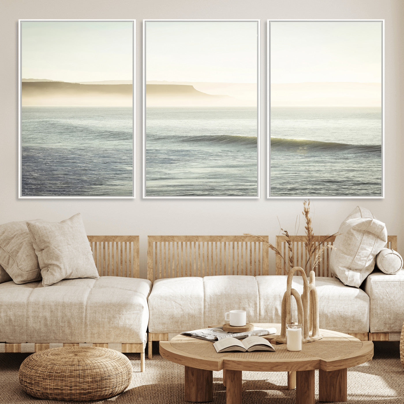 Canvas of a misty ocean scene with coastal cliffs and soft neutral tones, ideal for Scandinavian coastal or minimalist nature-inspired home decor.