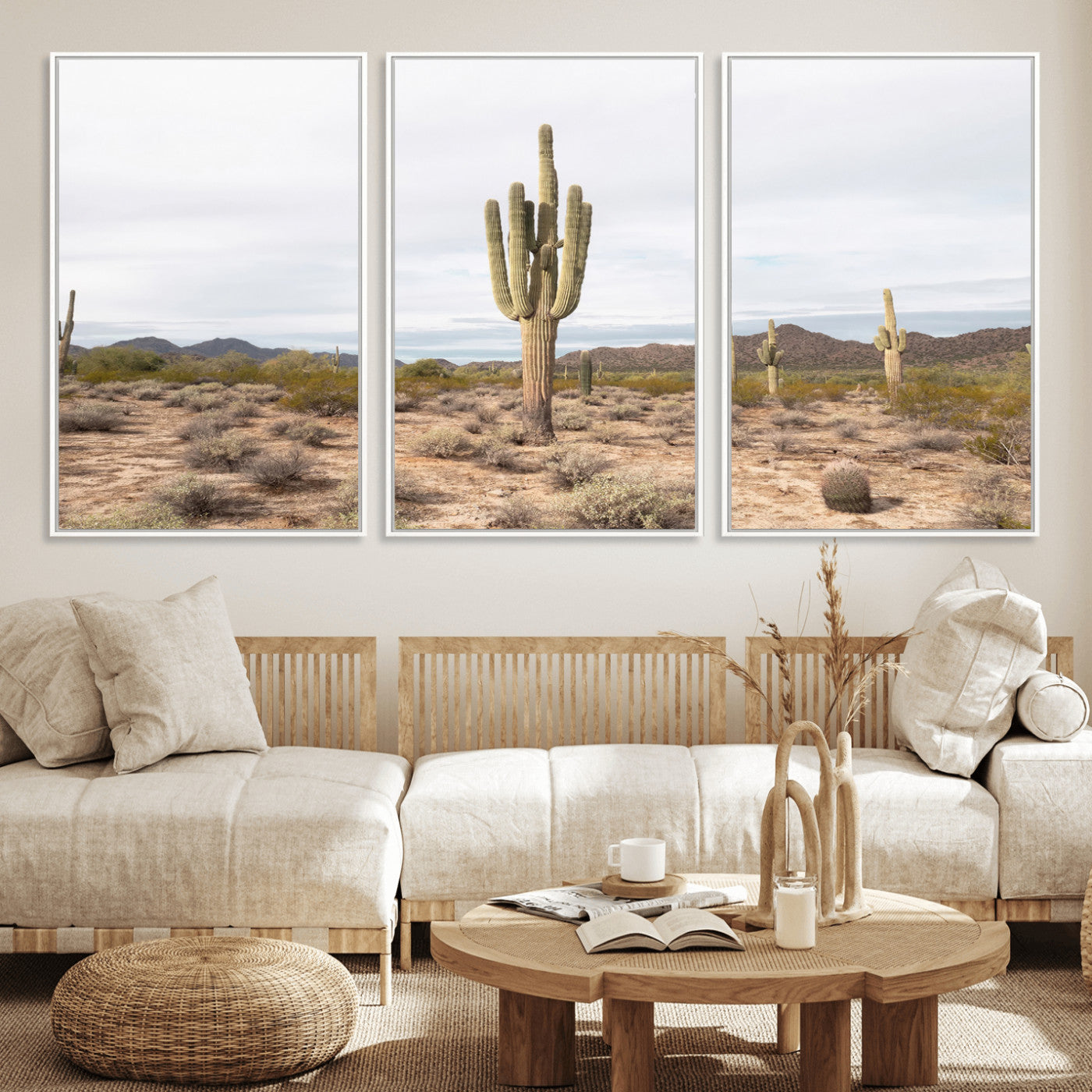 Canvas of a saguaro cactus in an earthy Sonoran desert landscape, ideal for Southwestern Boho or desert minimalism inspired home decor.   2/2