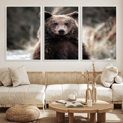 Canvas of a brown bear in soft earthy tones and moody forest light, ideal for rustic cabin or woodland nature-themed home decor.