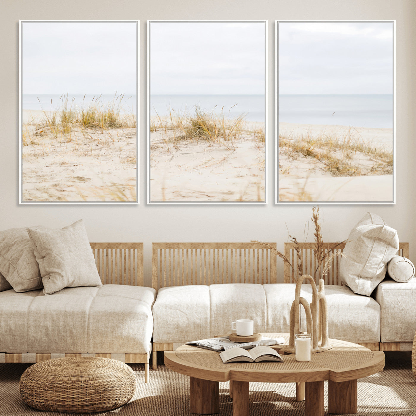 Canvas of soft beach dunes and coastal grasses in neutral tones, perfect for Scandinavian coastal or minimalist nature-inspired home decor.   2/2