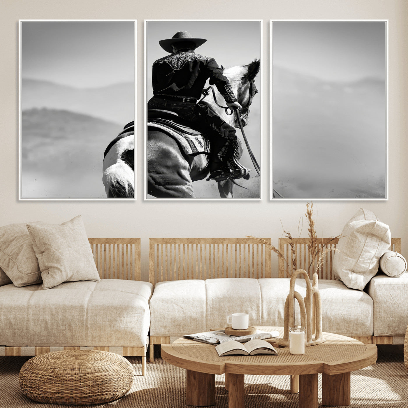 Black and white canvas of a cowboy on horseback with moody tones, perfect for rustic western or country-inspired home decor.