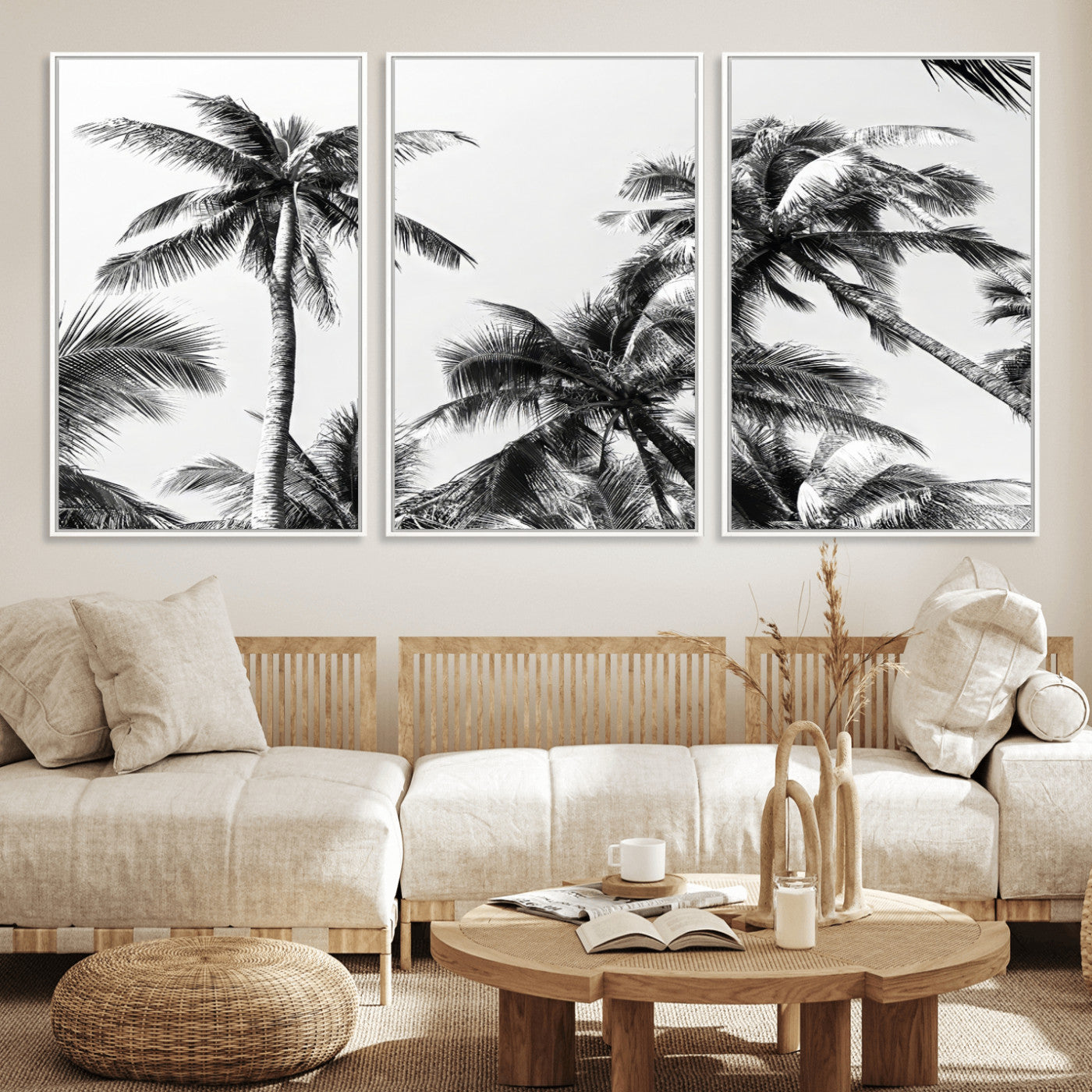 Black and white canvas of tall palm trees in moody tones, perfect for modern tropical minimalist or coastal-style home decor.