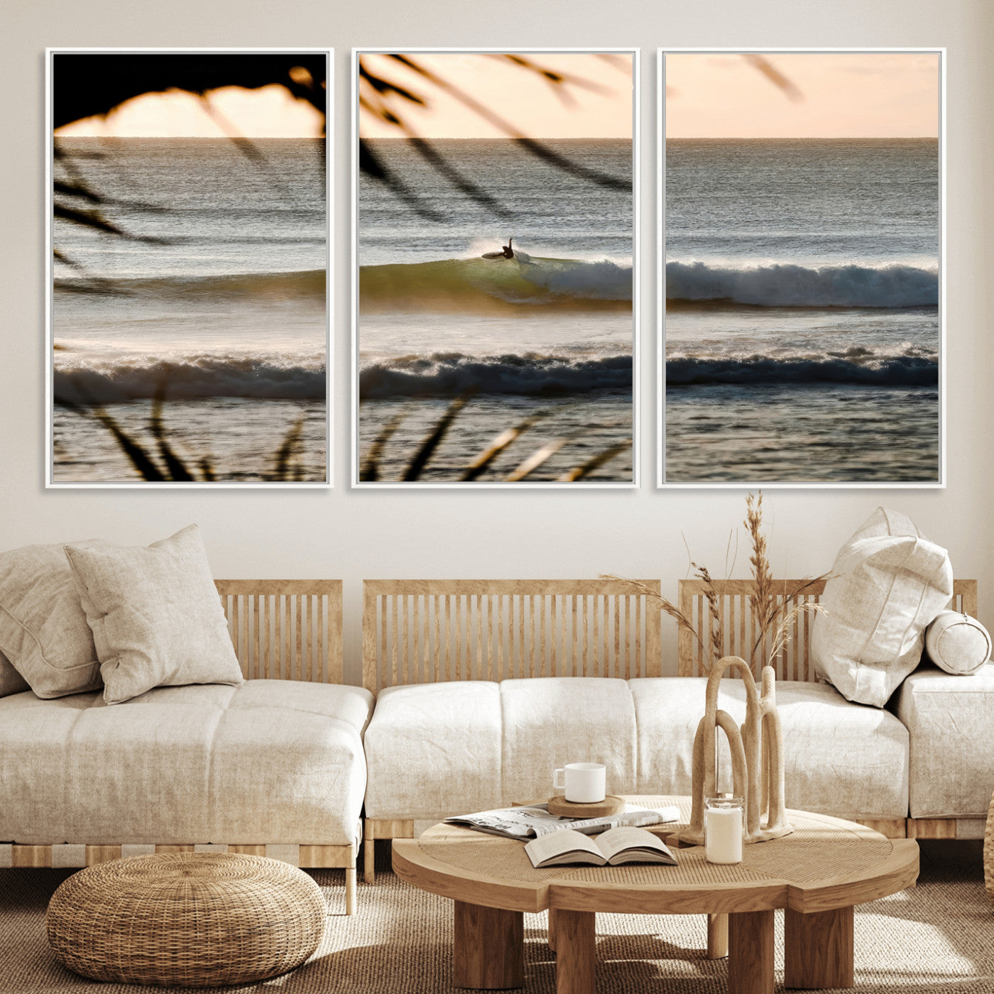 Photo of a surfer riding a golden hour wave at sunset, with tropical tones and dreamy light, perfect for tropical boho or coastal home decor.