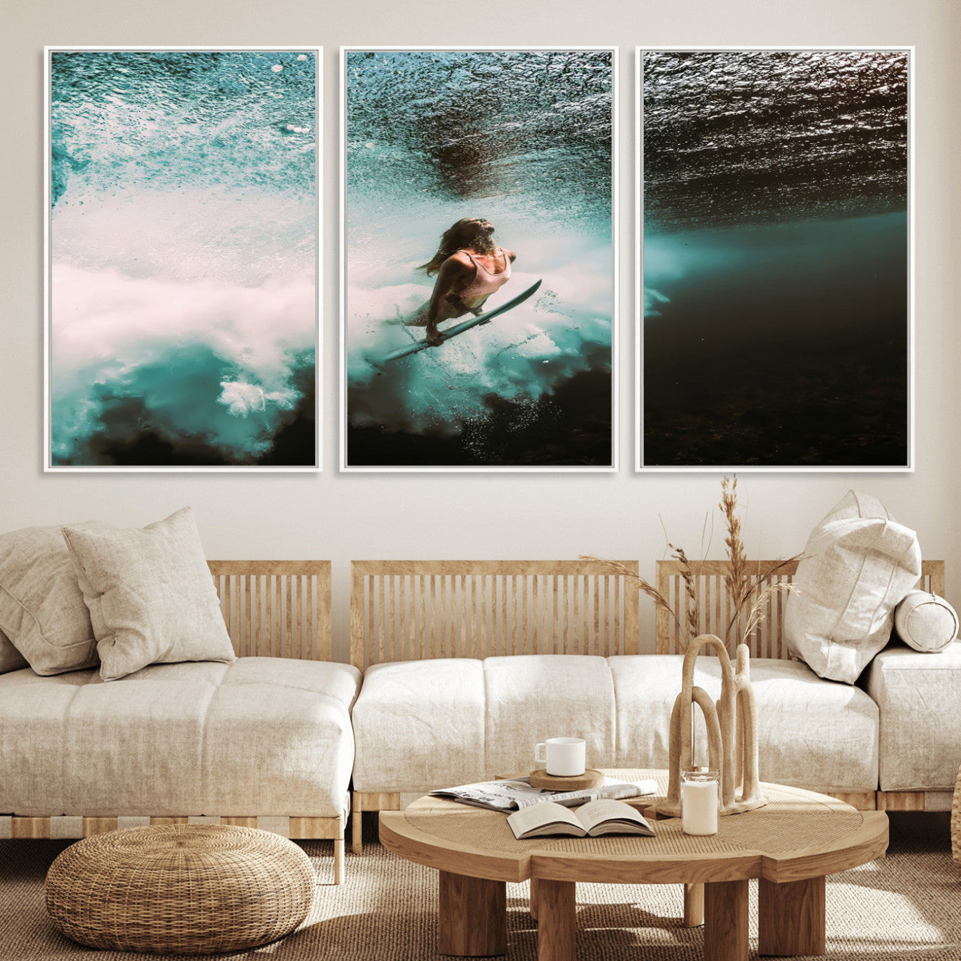 Vibrant underwater photo of a female surfer diving through turquoise waves, perfect for coastal boho or surf-inspired home decor.