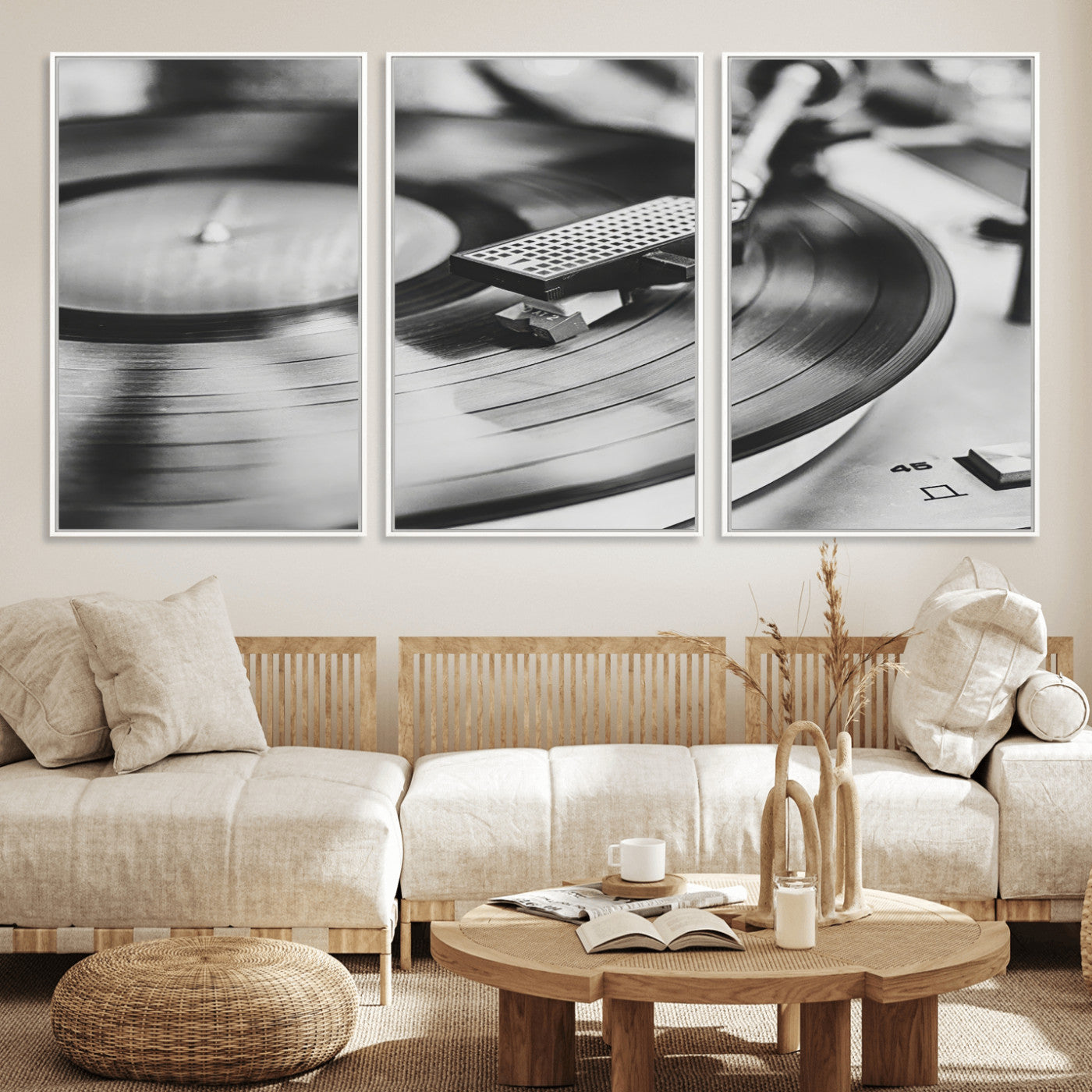 Black and white close-up of a vinyl record player with moody tones, ideal for vintage industrial or retro-style home decor.