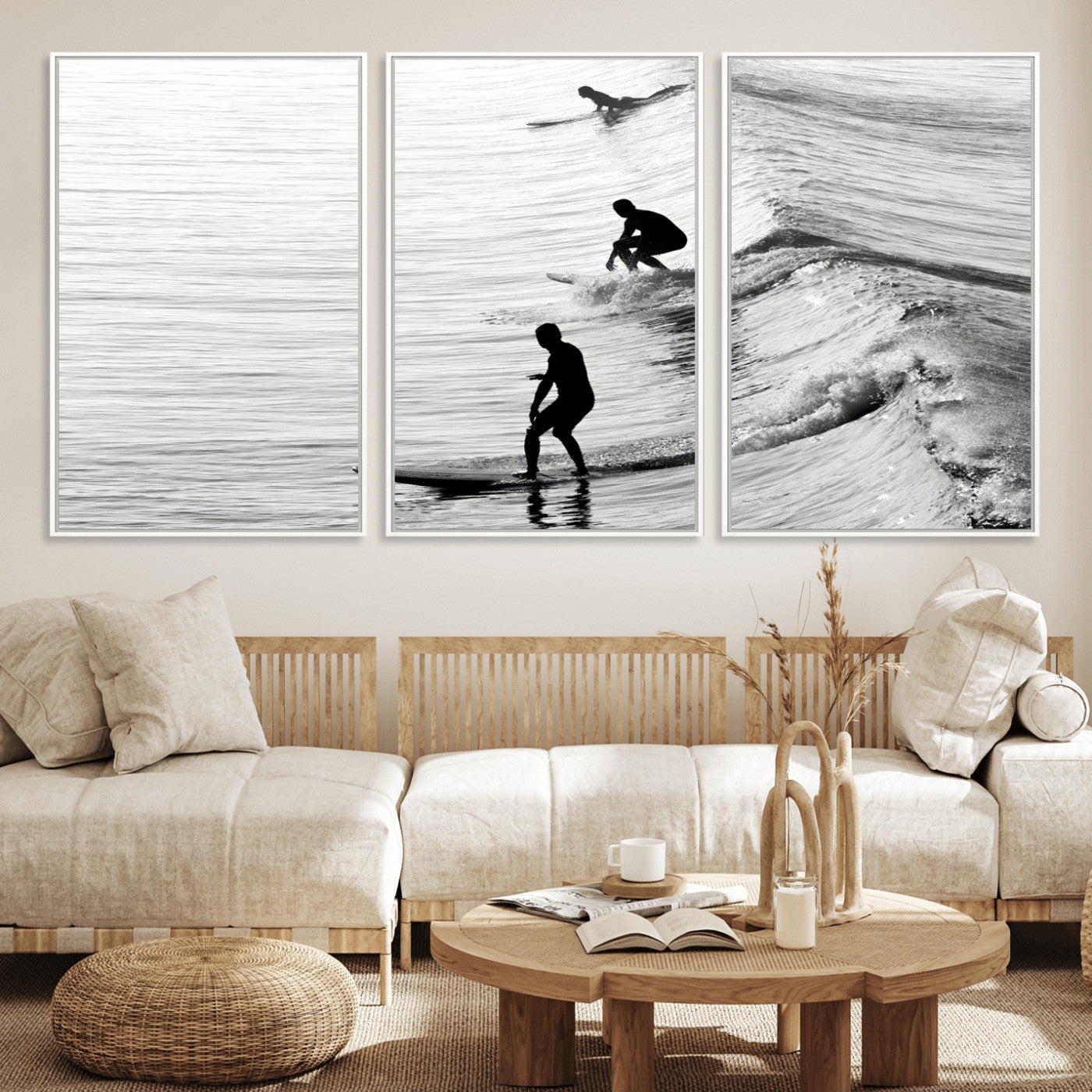 Black and white photo of surfers riding waves in a moody, high-contrast scene, ideal for modern coastal or surf-inspired home decor.