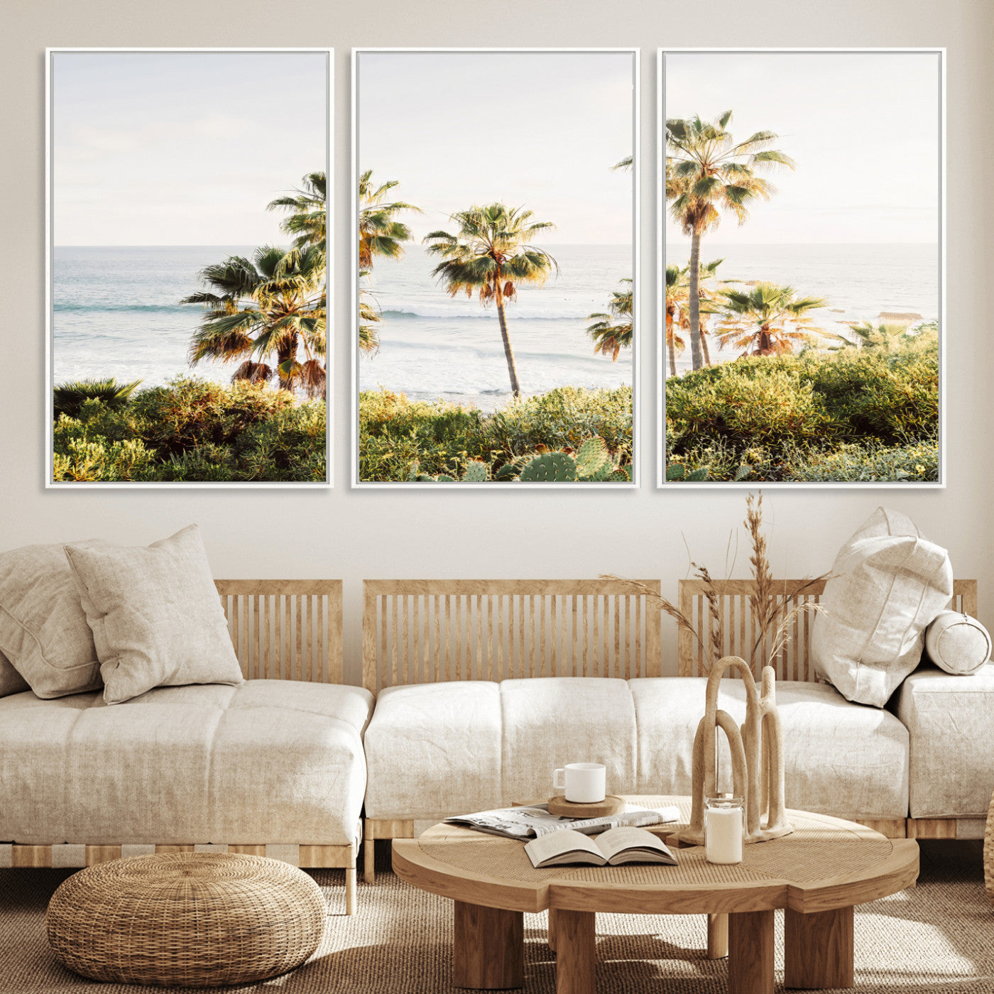 Framed print of sunlit palm trees on the California coast with warm tones, perfect for coastal minimalist or beach-style home decor.