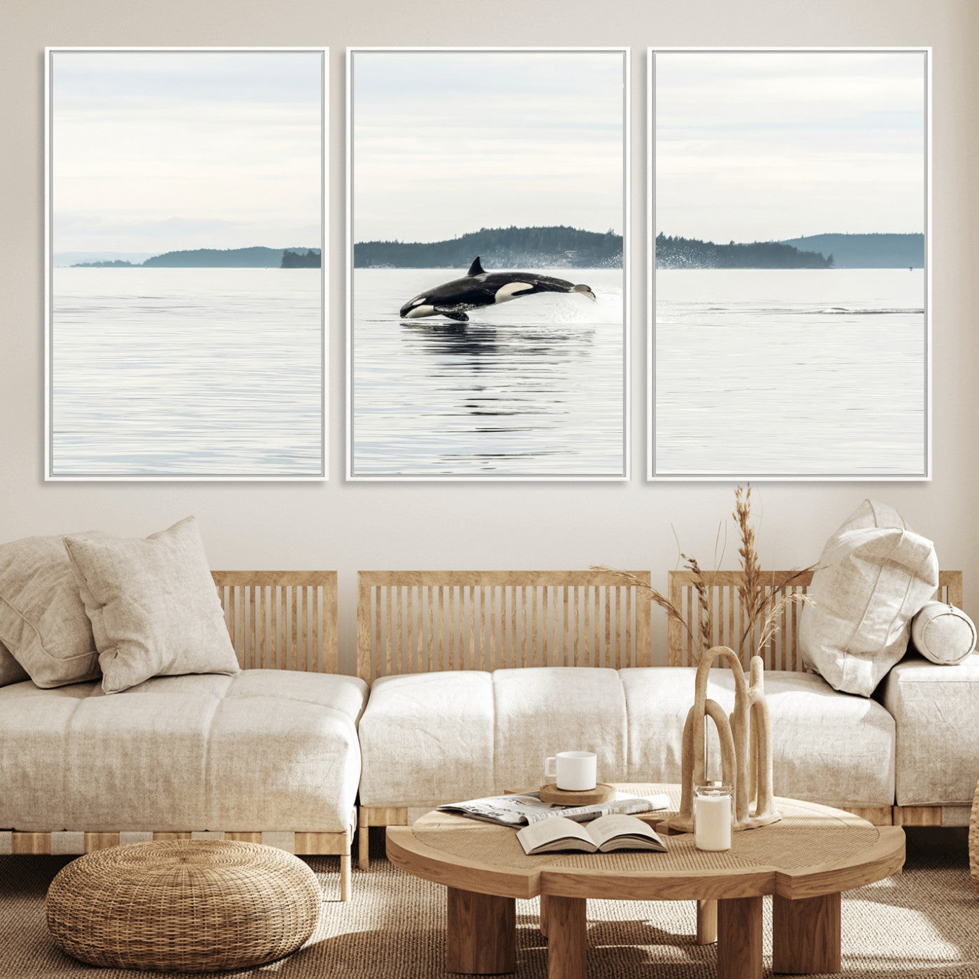 An orca jumping out of calm ocean waters with a misty island in the background, creating a serene and minimalist marine wildlife scene.