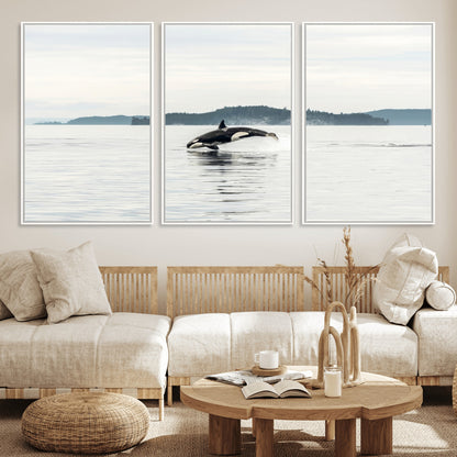 An orca jumping out of calm ocean waters with a misty island in the background, creating a serene and minimalist marine wildlife scene.