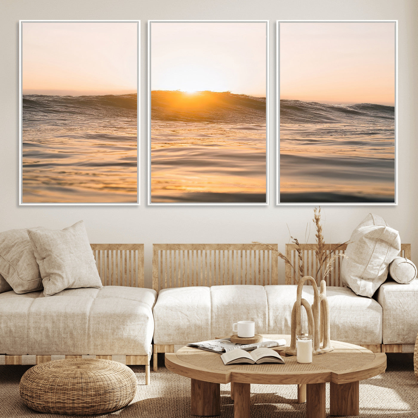 Ocean waves glowing under a warm golden sunset, reflecting soft light and calm movement, perfect for warm minimalist coastal interiors.