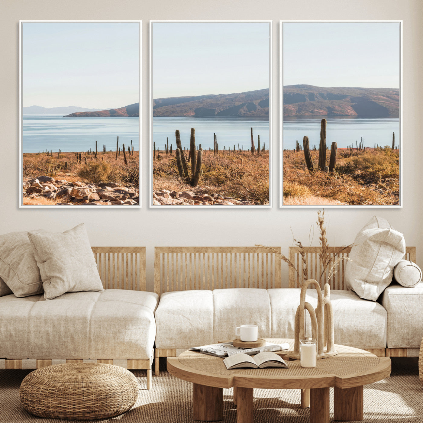 Warm desert landscape with cacti and coastal mountains, perfect for southwestern or earthy calm-themed home wall decor.