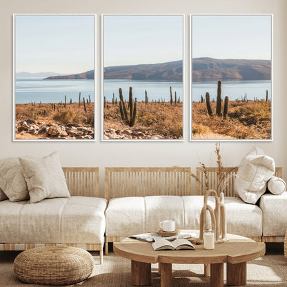 Warm desert landscape with cacti and coastal mountains, perfect for southwestern or earthy calm-themed home wall decor.