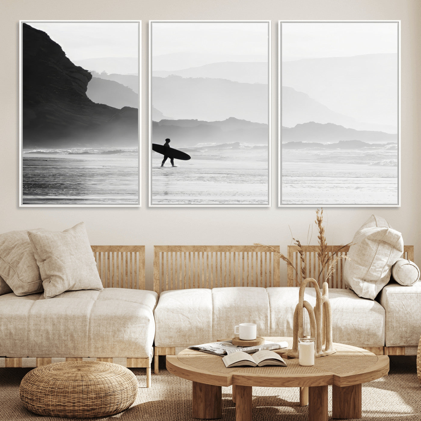A lone surfer walking along a misty beach with cliffs in the background, carrying their board, capturing a serene and minimal ocean moment.