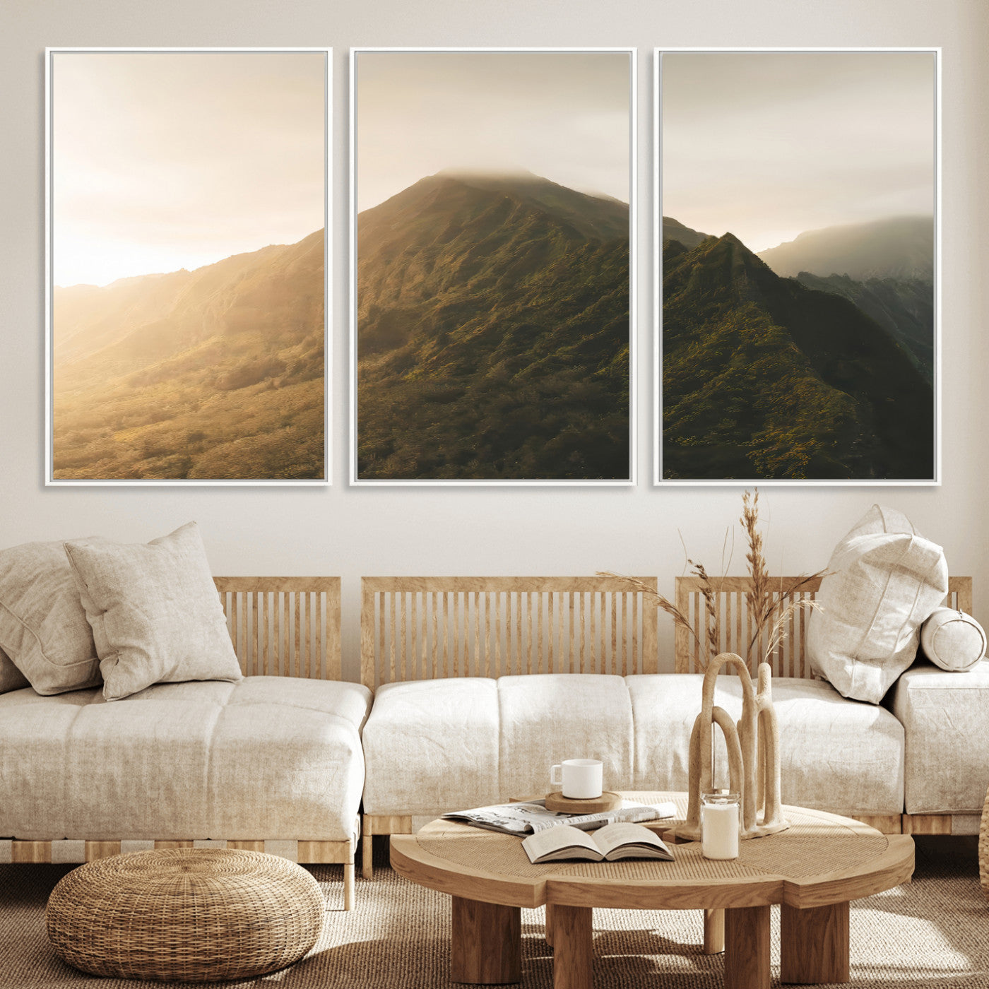 Sunlit mountain peak with mist rolling over its rugged slopes, bathed in golden light, creating a warm and tranquil nature-inspired scene.