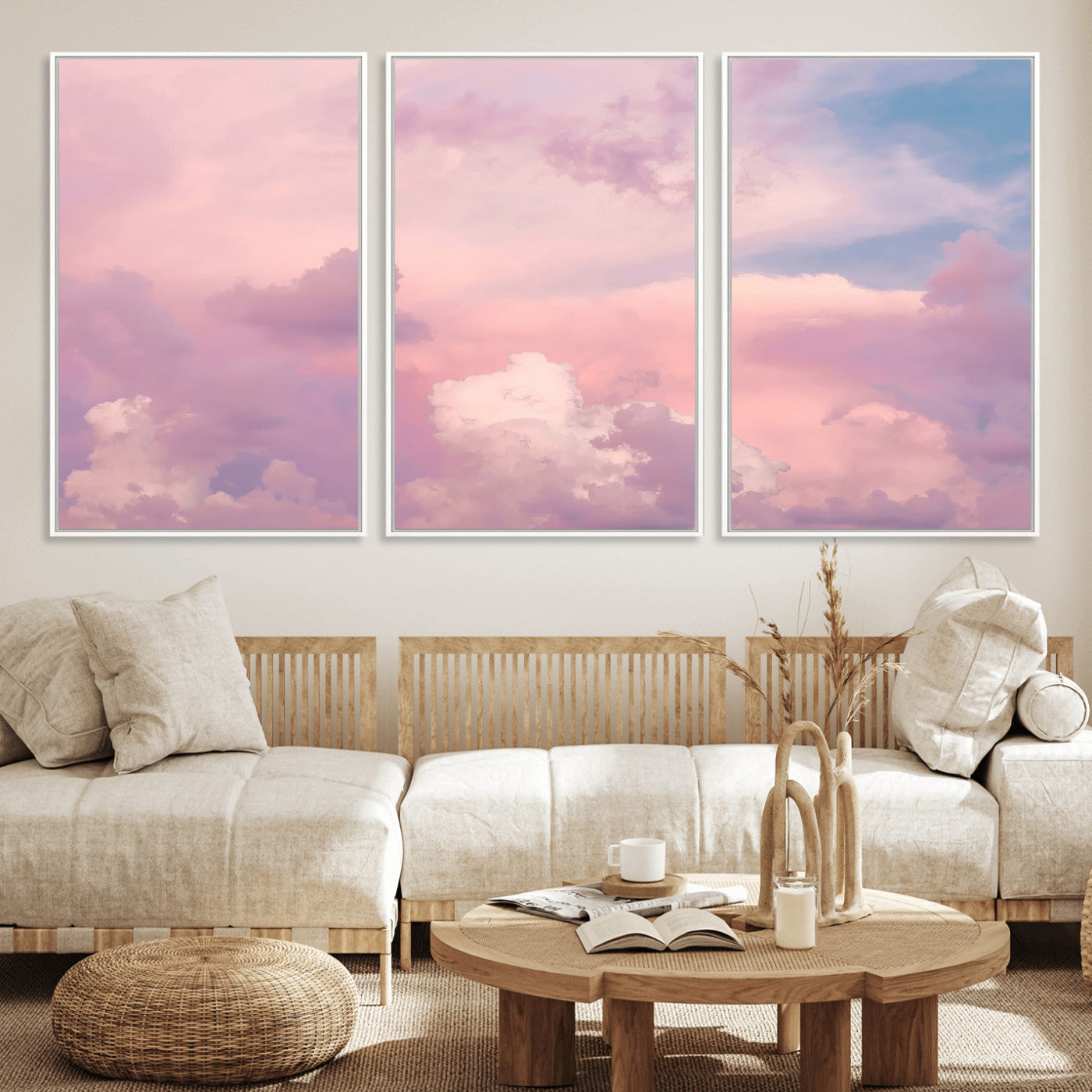 Soft pastel-colored clouds in shades of pink, purple, and blue, creating a dreamy and serene sky perfect for a calming decor touch.