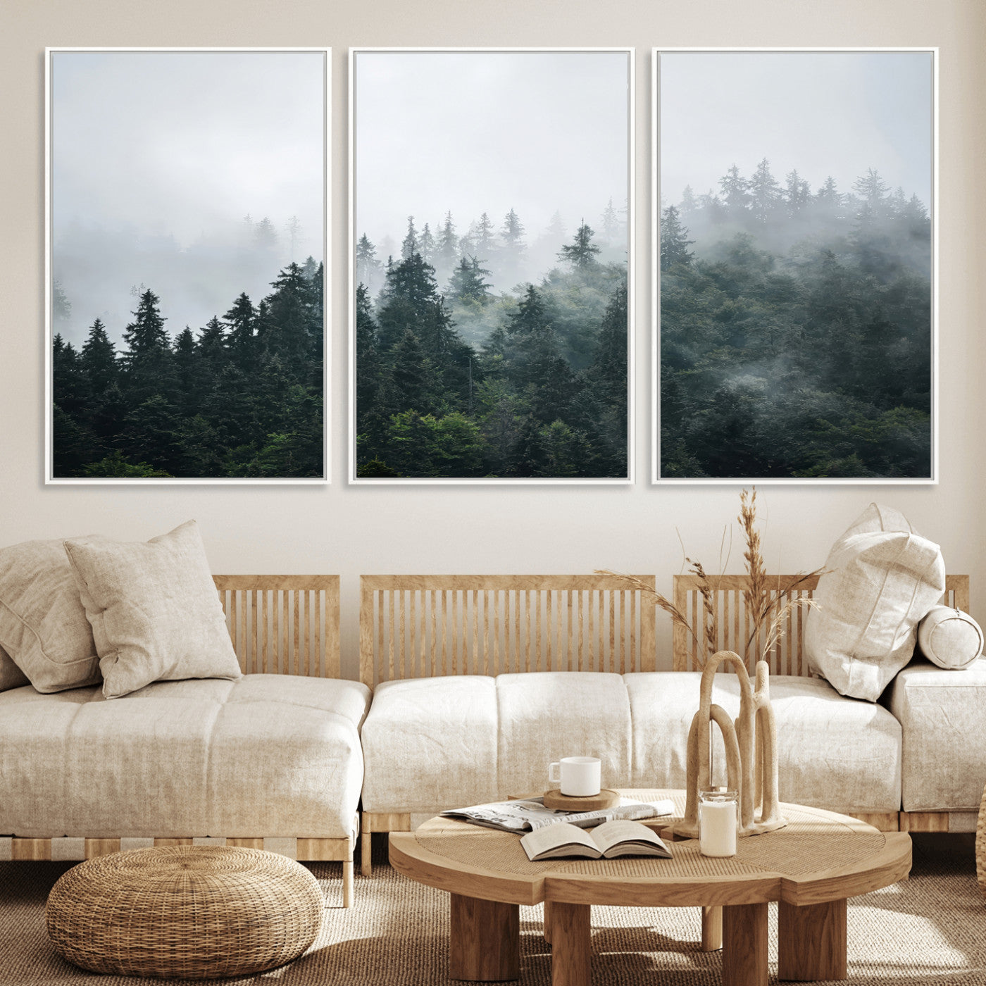 A misty evergreen forest shrouded in soft fog, creating a tranquil and moody landscape with lush green trees fading into the distance.