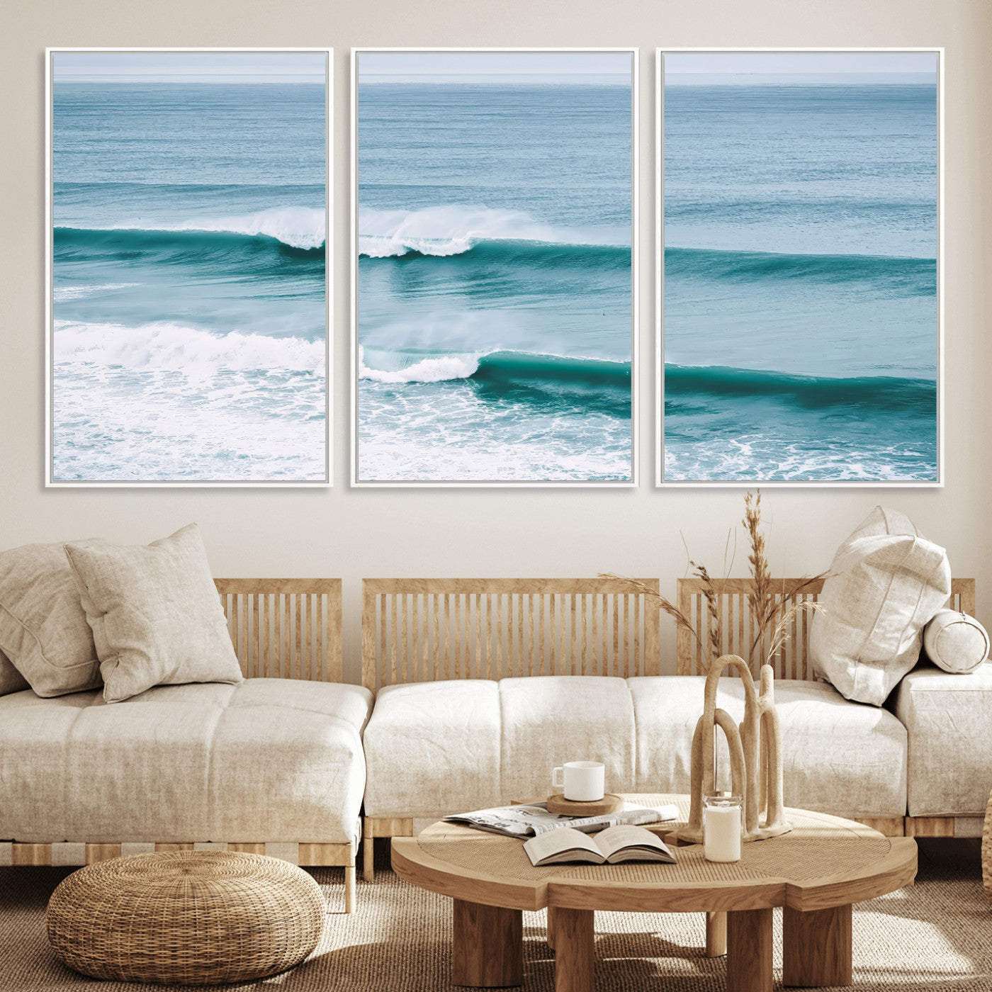 Powerful ocean waves rolling towards the shore, their turquoise hues blending with white sea foam under an open horizon, capturing the essence of the ocean's movement.