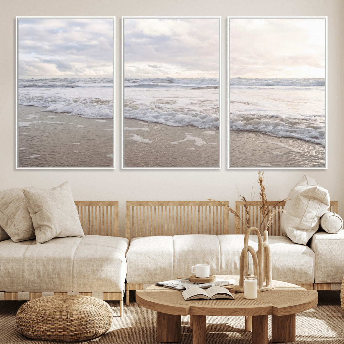 Peaceful ocean waves rolling onto the sandy shore under soft light, perfect for neutral or coastal minimalist decor themes.