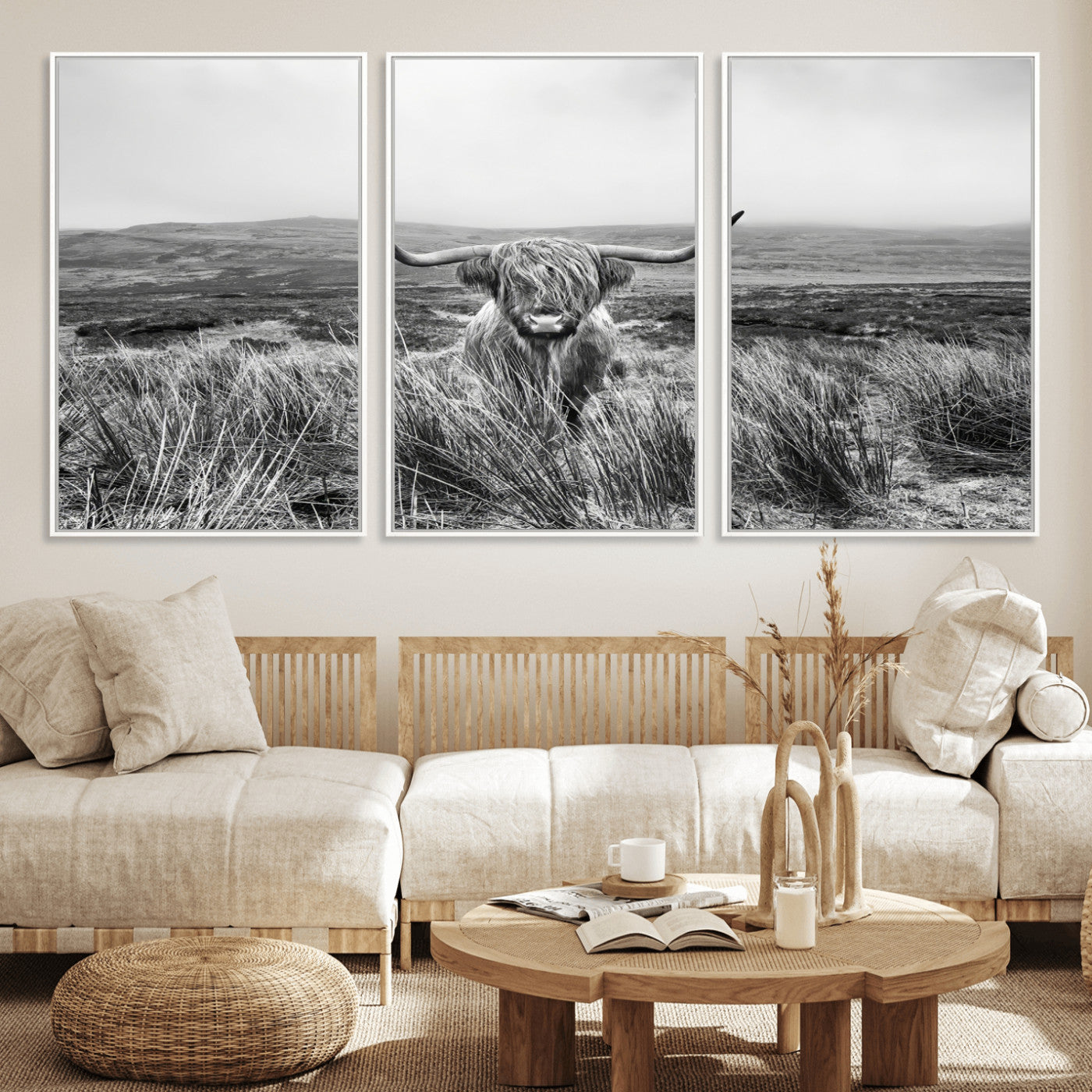 A black and white portrait of a Highland cow in a foggy Scottish countryside, capturing a rustic aesthetic and tranquil farm escape.