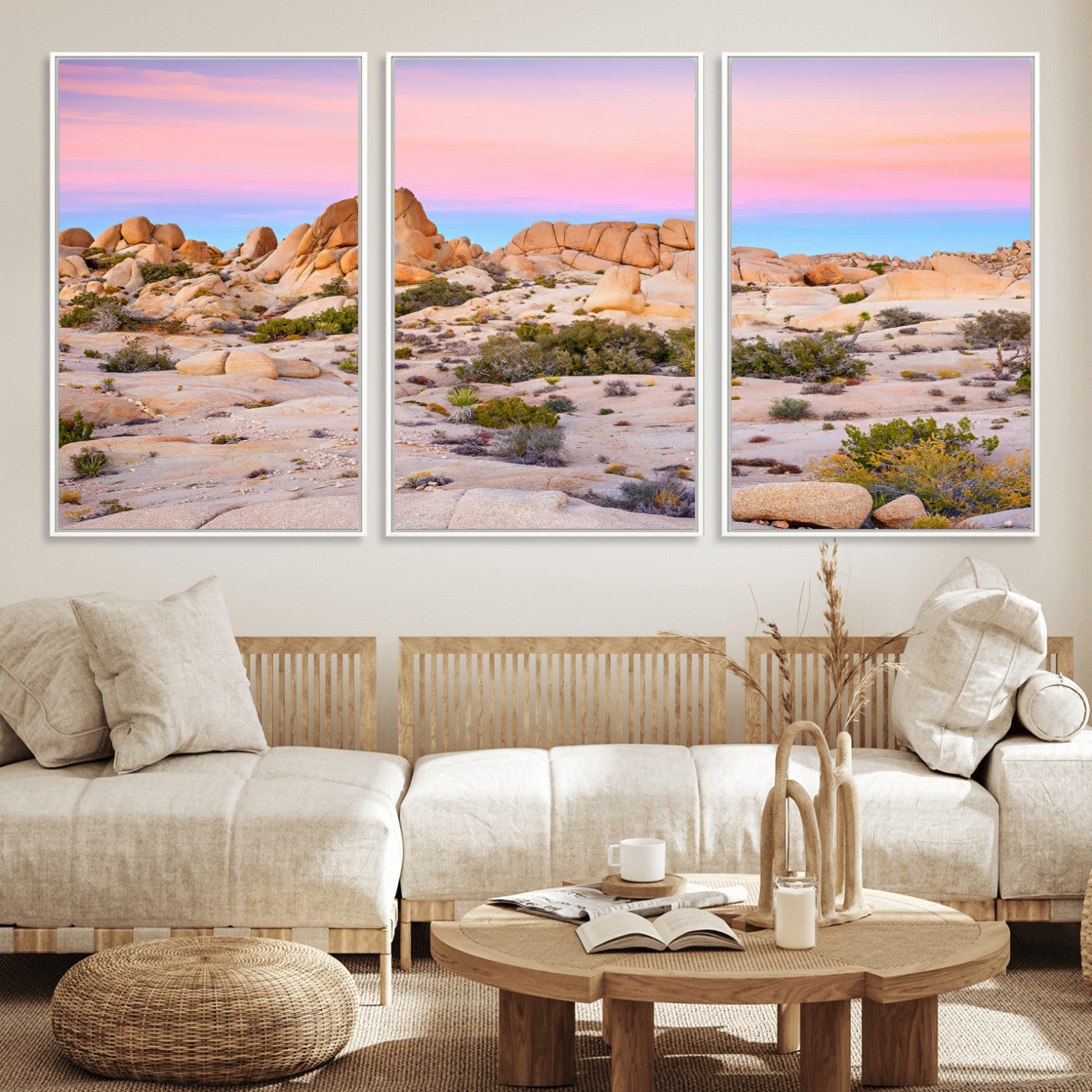 A breathtaking desert landscape featuring rugged rock formations under a vibrant pastel sunset sky, capturing the warmth and serenity of a Southwestern wilderness.