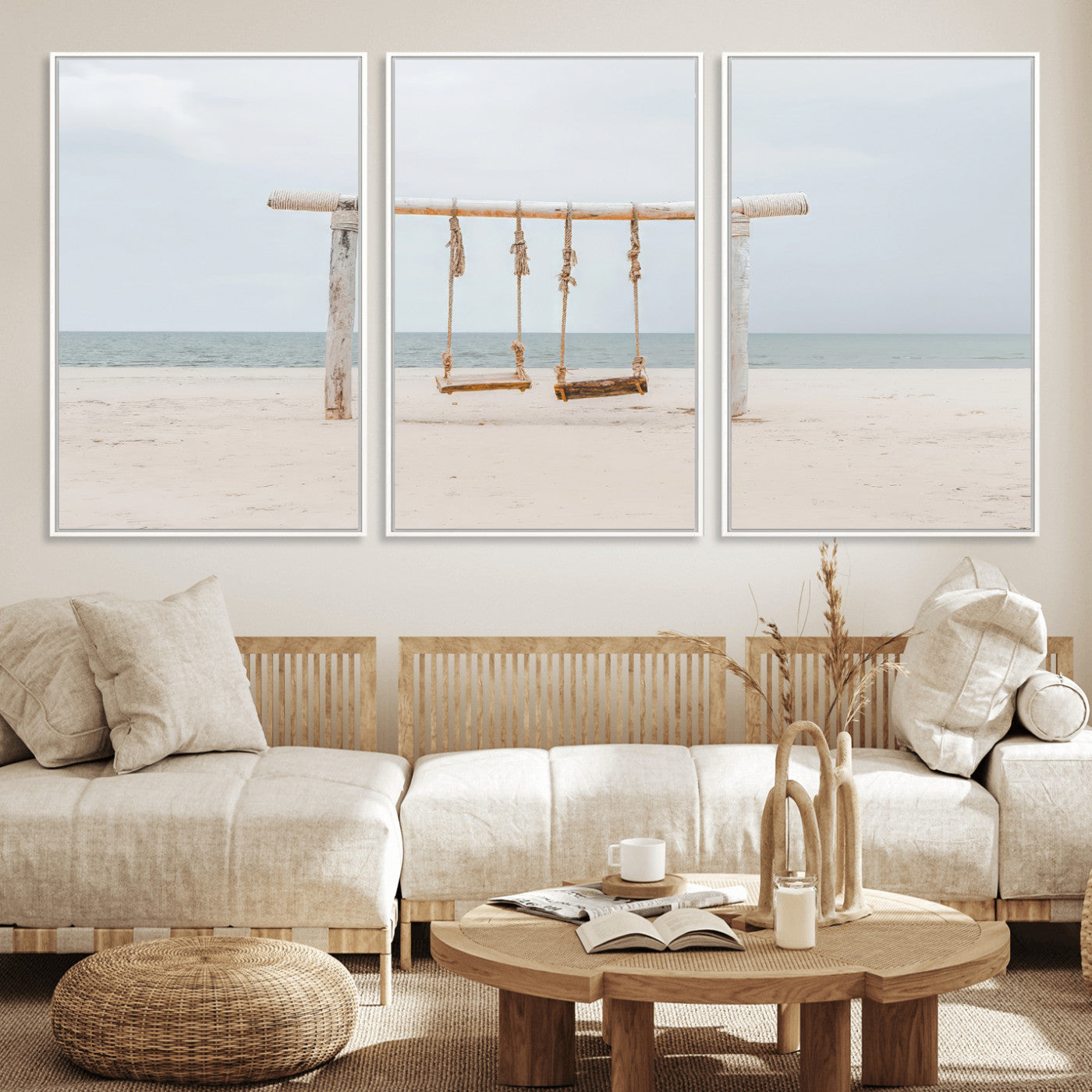 A rustic wooden beach swing stands on a serene sandy shore with an ocean horizon in the background, creating a tranquil and dreamy coastal escape.