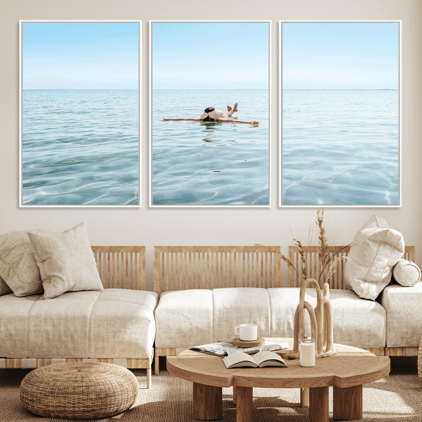 A peaceful minimalist scene of a person floating on crystal-clear water, surrounded by a vast open horizon, capturing relaxation and serenity in a tranquil aquatic setting.