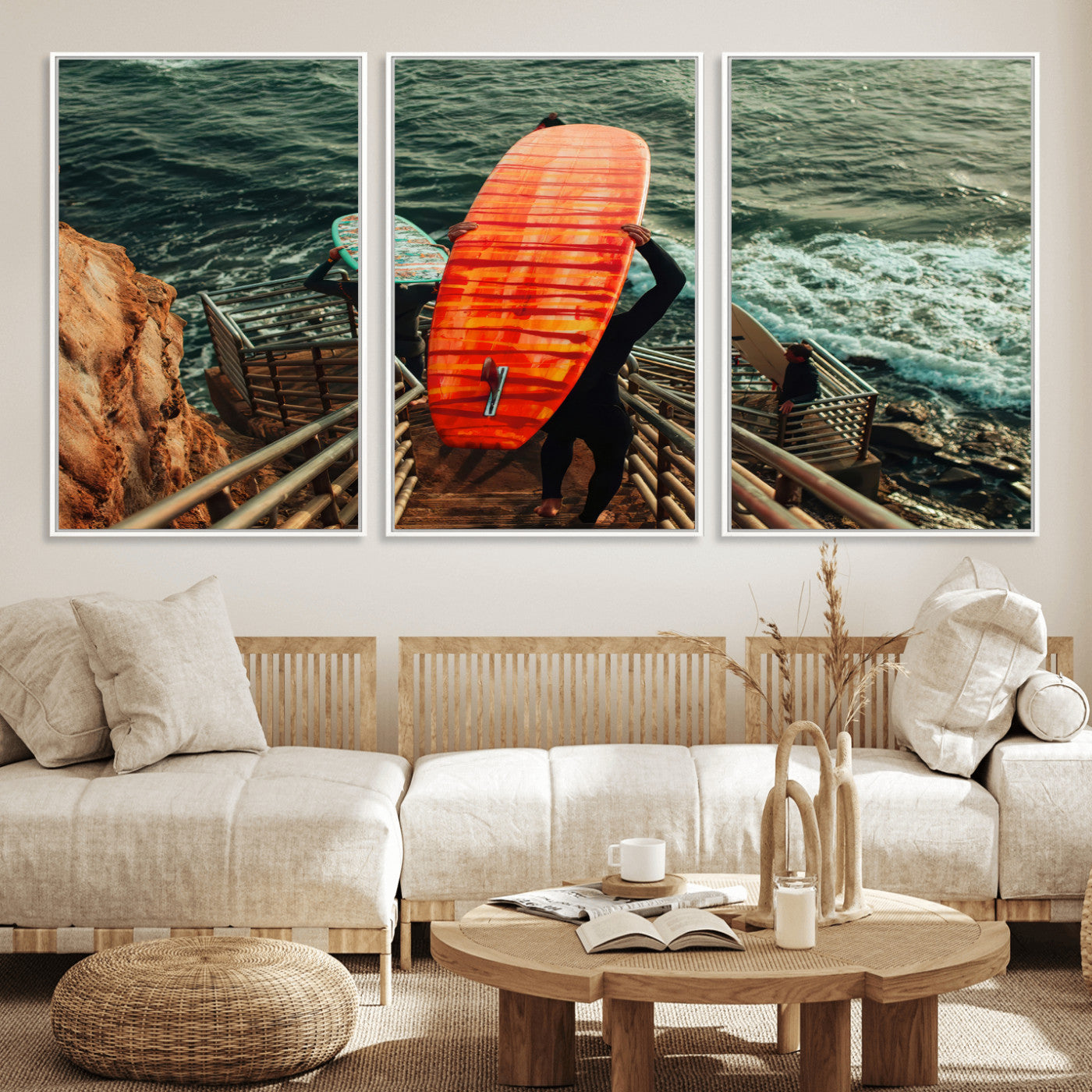A surfer carrying a bold orange surfboard down a rugged staircase toward the ocean, bathed in golden hour light, capturing the energy of coastal adventure.