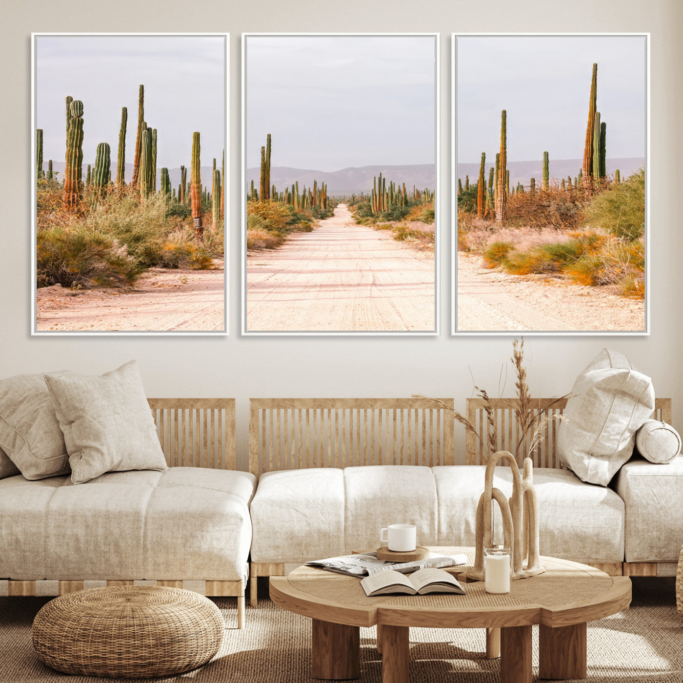 A desert road lined with saguaro cacti under a golden sky, creating a warm southwestern feel, perfect for boho or rustic decor.