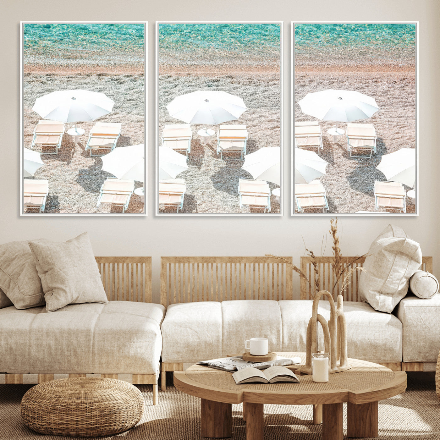 A bright beach scene with white umbrellas, pastel sand, and turquoise waters, creating a tranquil coastal vibe, perfect for beach house or summer decor.