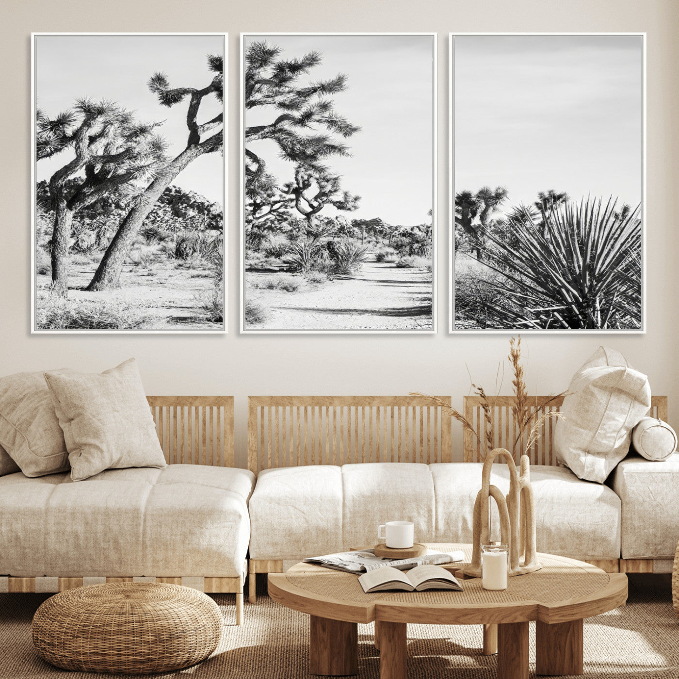 Canvas of a Joshua Tree forest in black and white tones, featuring a desert path and spiky vegetation, ideal for minimalist or rustic decor.