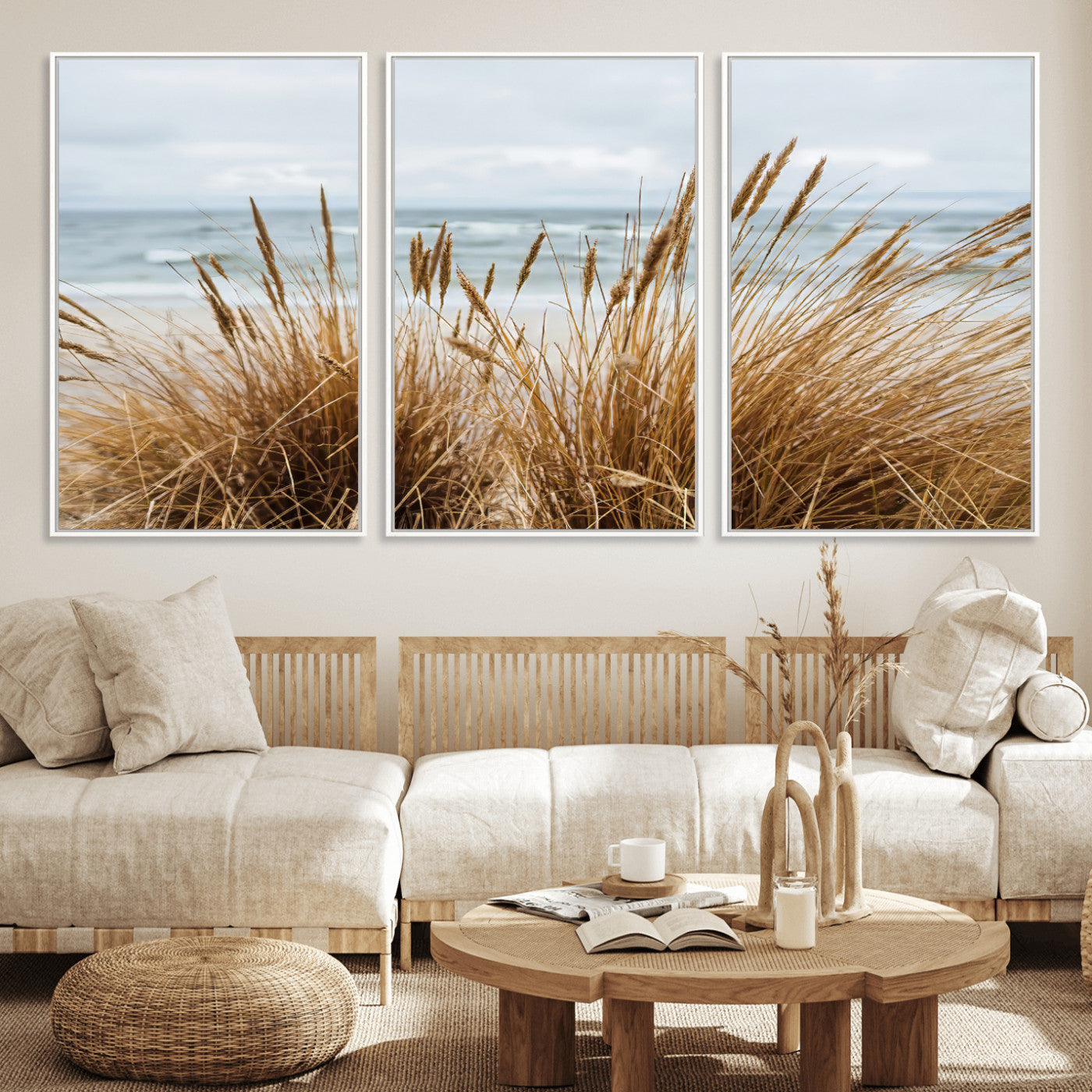 Canvas of golden beach grass swaying by the ocean under a soft cloudy sky, perfect for neutral-toned or coastal minimalist decor.