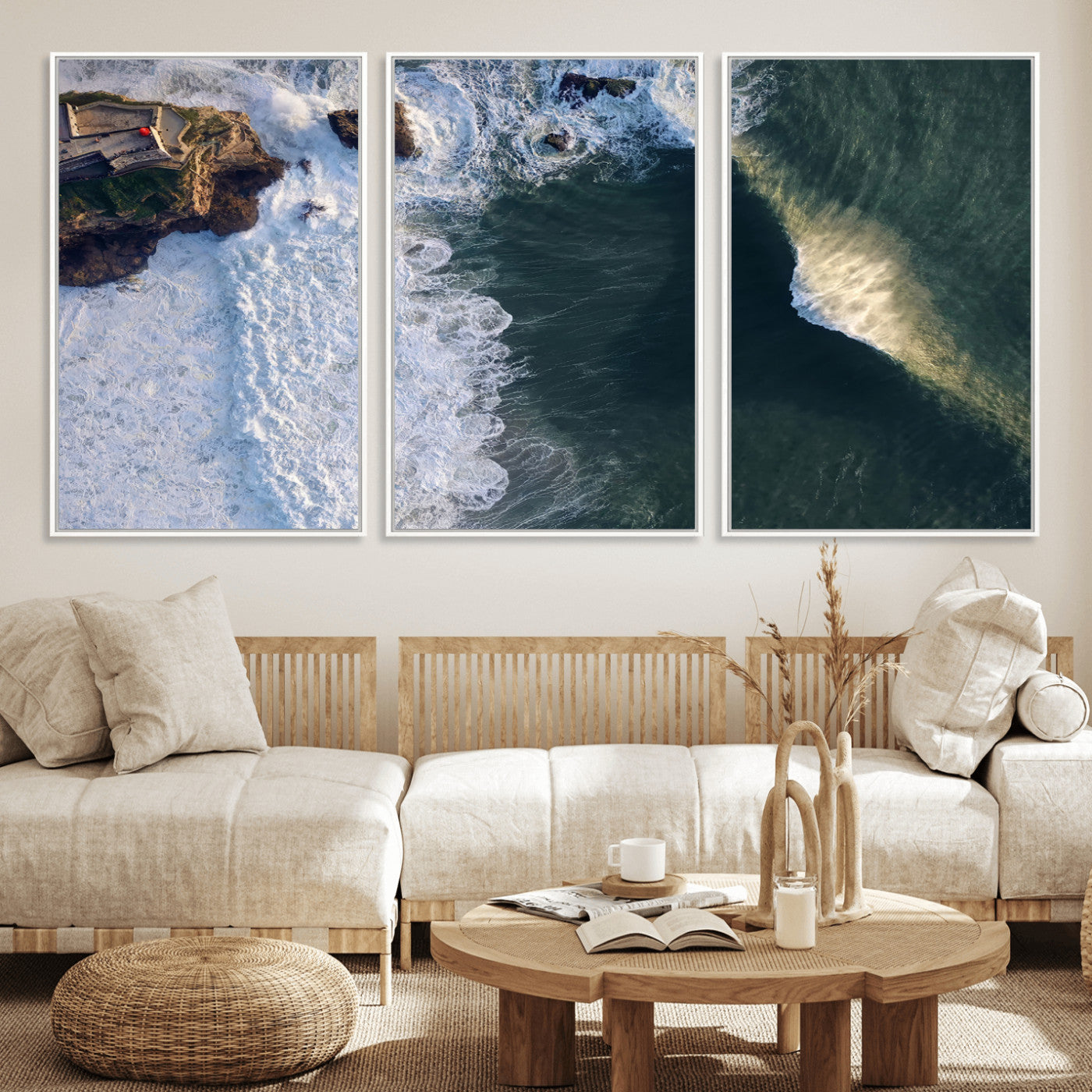 Canvas showing an aerial view of crashing waves along the Nazaré coastline, perfect for dramatic coastal or ocean-themed home decor.