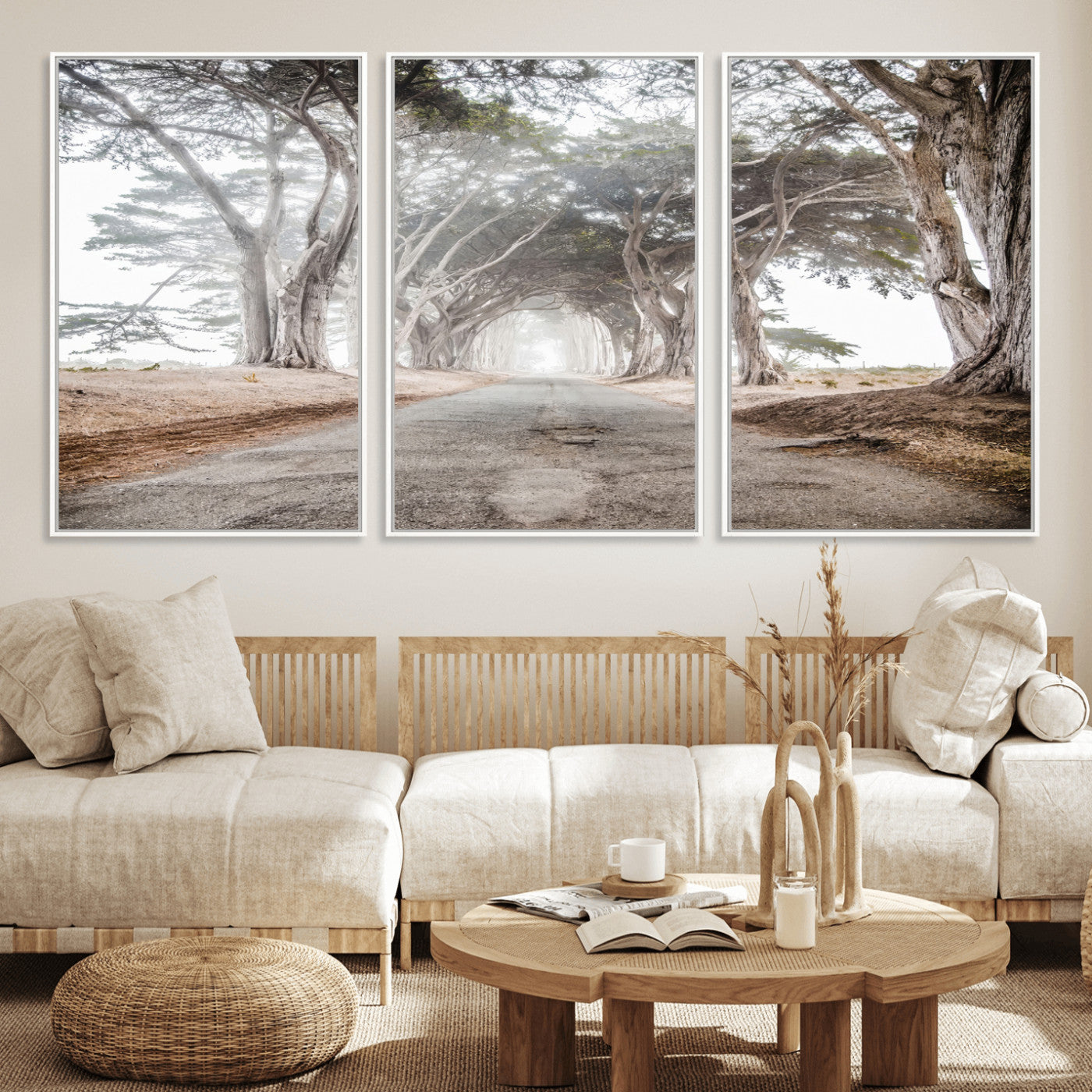Canvas of a misty tree tunnel with arching cypress trees and an earthy road, ideal for rustic or coastal nature decor.