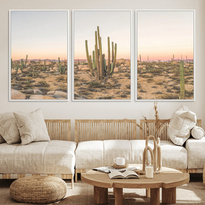 Canvas of tall desert cacti in warm sunset tones over a rocky Baja landscape, ideal for earthy or Southwestern-style home decor.