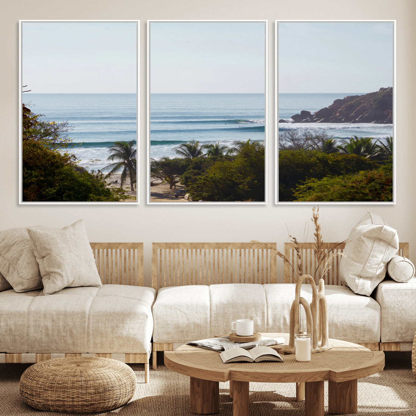View of calm ocean waves with palm trees and a tropical coastline, ideal for coastal boho or beach-themed wall decor.