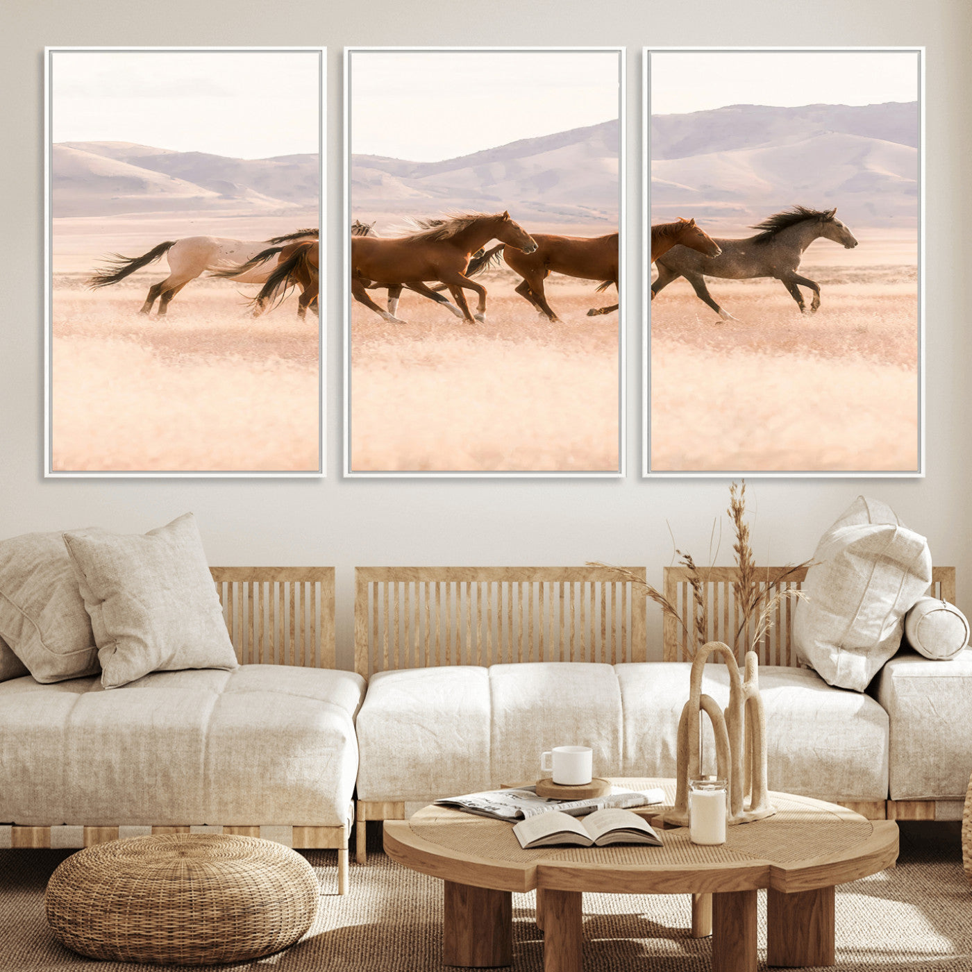A herd of wild horses galloping through a sunlit desert plain with mountains in the background, perfect for rustic or western-themed wall decor.