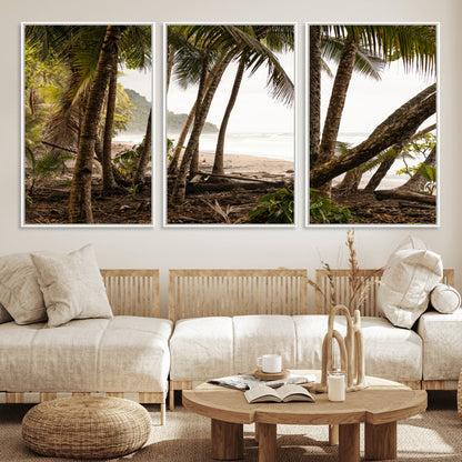 Dense tropical palm trees framing a sandy beach and ocean shore, ideal for jungle or coastal themed interior wall decor.