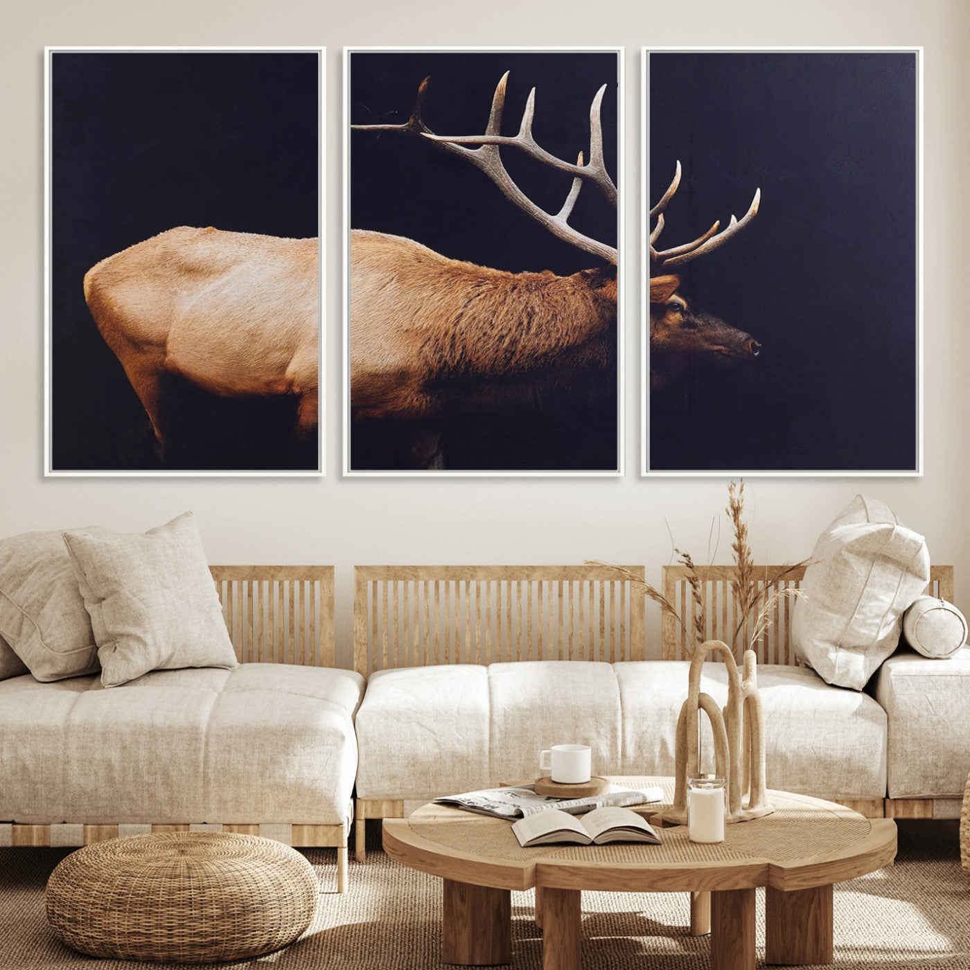 Side profile of an elk with large antlers on dark background, creating a bold rustic statement for cabin or Western-themed decor.