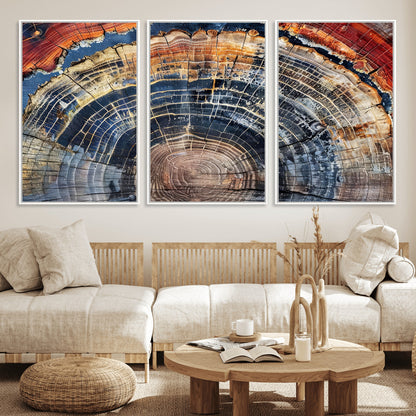 Vibrant tree ring with orange, brown, and blue tones in abstract detail, perfect for rustic or boho-inspired wall decor.