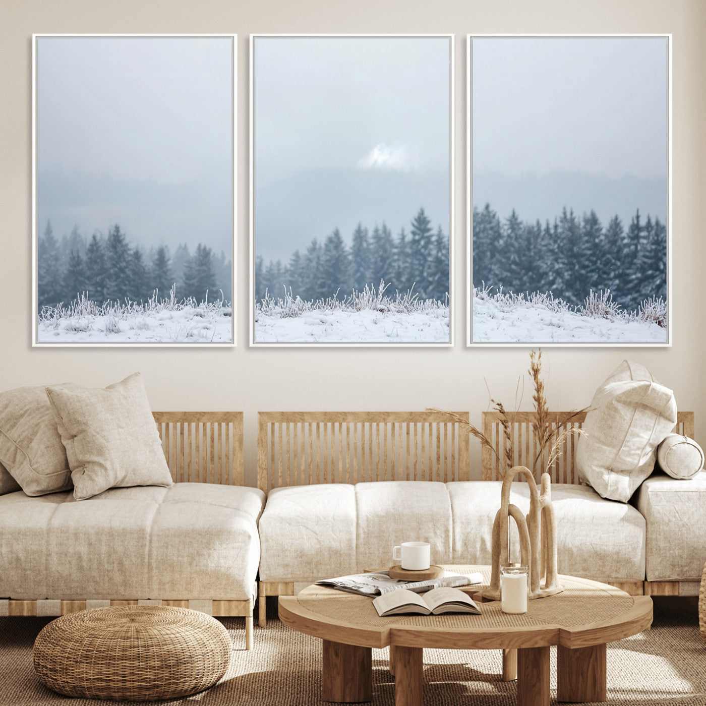 Snow-covered forest under misty sky, soft light breaking through clouds, ideal for minimalist or Nordic-inspired home decor.
